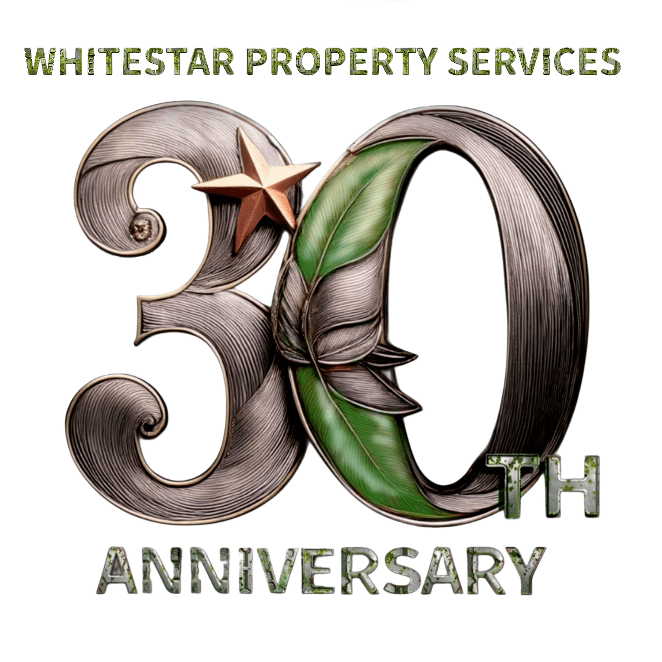WhiteStar Property Services 30th Anniversary logo with star and green leaf design